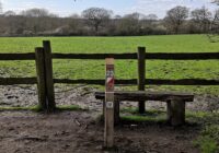 An example of a control (by a bench, beside a fenced field) from a permanent orienteering course.